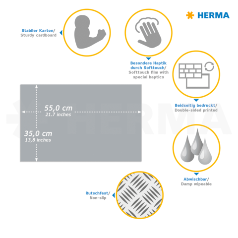 Stabiler Karton mit Abmessungen von 55 cm x 35 cm, rutschfest, abwischbar und beidseitig bedruckt. Besondere Haptik durch Softtouch-Folie.