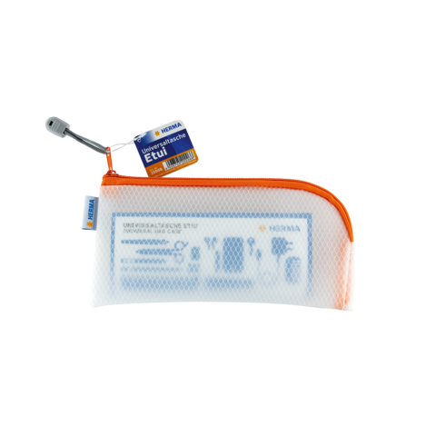 Universaltasche mit orangefarbener Reißverschluss und transparentem Design, beschriftet mit verschiedenen Symbolen und Informationen.