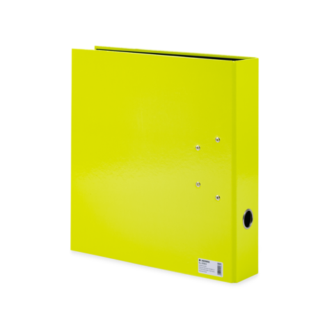 Ein leuchtend gelber Ordner mit einer glatten Oberfläche und einer Öffnung für ein Etikett an der Seite.