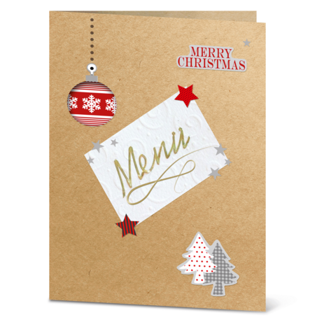 Weihnachtskarte mit einem dekorativen Menü, verziert mit einem Weihnachtsbaum, einer Ornamentkugel und Sternen.