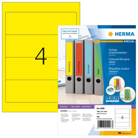 Gelbe Etiketten für Ordner mit der Nummer 4, verpackt in einer bunten Hülle. Enthält Informationen zu Software und Anwendungshinweisen.