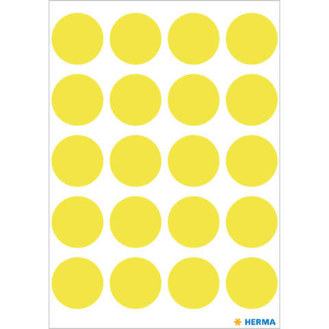 Gelbe runde Aufkleber in einem gleichmäßigen Muster auf einem weißen Hintergrund, insgesamt 24 Aufkleber.