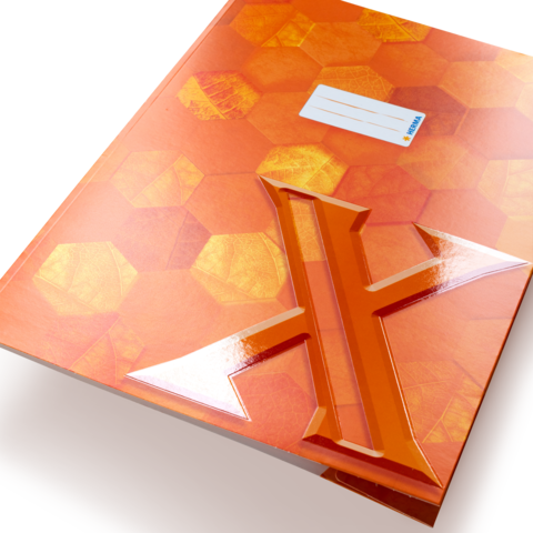 Ein orangefarbenes Heft mit einem hexagonalen Muster und einem hervorgehobenen, stilisierten "X" auf der Vorderseite.