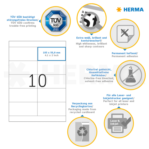 Etikettenblatt mit 10 Etiketten, 105 x 50,8 mm, für Laser- und Inkjetdrucker, umweltfreundlich und permanent haftend.