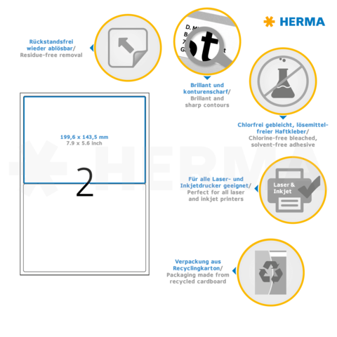Selbstklebende Etiketten mit Angaben zu Größe, Haftfähigkeit und Recyclingmaterial. Geeignet für Laser- und Inkjetdrucker.
