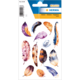 Bunte Feder-Sticker in verschiedenen Formen und Farben, auf einem weißen Hintergrund angeordnet.