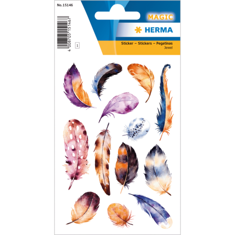 Bunte Feder-Sticker in verschiedenen Formen und Farben, auf einem weißen Hintergrund angeordnet.