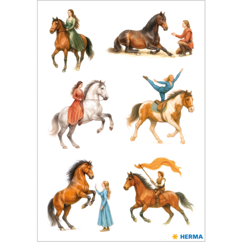 Verschillende scènes met vrouwen en paarden, waaronder paardrijden, verzorging en acrobatische vertoningen.