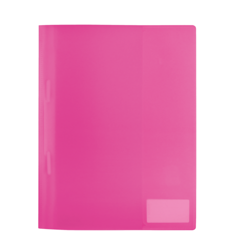 Ein pinkfarbener Ordner mit einer transparenten Vorderseite und einem Platz für ein Etikett.