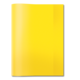 Ein gelbes, glänzendes Notizbuch mit einem geschlossenen Deckel, das auf einer dunklen Oberfläche liegt.