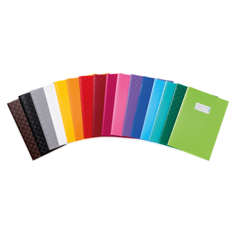 Eine Reihe von bunten Ordnern in verschiedenen Farben, angeordnet von links nach rechts, einschließlich Schwarz, Weiß, Gelb, Rot, Pink, Blau und Grün.