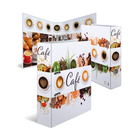 Ein aufgestellter Café-Werbeaufsteller mit Bildern von Kaffee, Gebäck und Zutaten, beschriftet mit "Café".