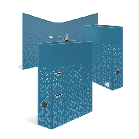 Drei blaue Schränke mit geometrischem Muster, die in einem offenen Raum angeordnet sind.