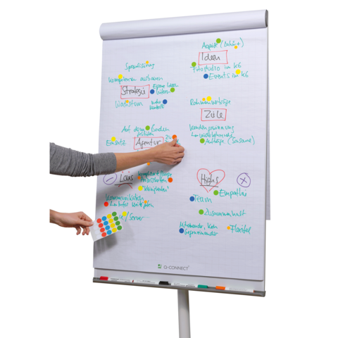 Een persoon plaatst kleurrijke stippen op een flip-over die beschreven is met verschillende termen en aantekeningen over strategieën en doelen.
