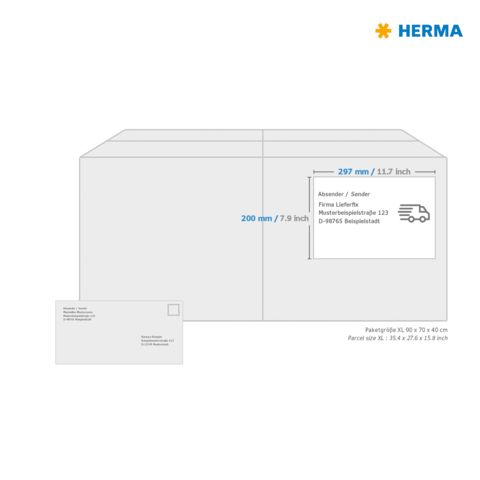 Paketgröße XL mit Abmessungen von 297 mm x 200 mm. Enthält Platz für Absender- und Empfängerdaten.