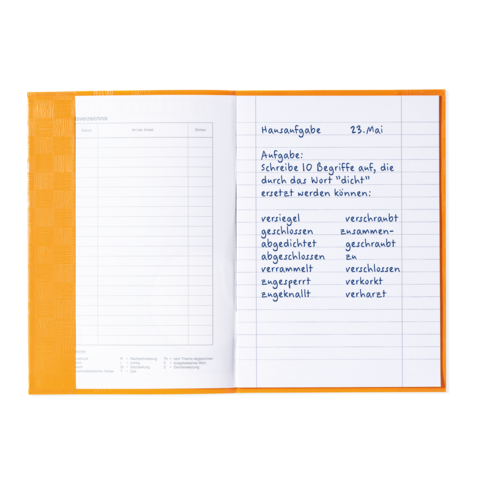 Hausaufgabe vom 23. Mai mit der Aufgabe, Begriffe aufzulisten, die durch das Wort "dicht" gebildet werden können.