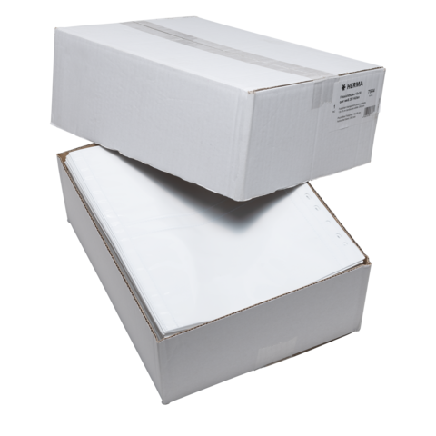 Zwei weiße Kartons, einer oben und einer darunter, mit einem Stapel weißem Papier im Inneren.