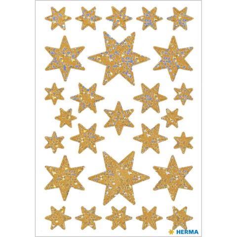 Goldene Sterne in verschiedenen Größen auf einem weißen Hintergrund, angeordnet in einem Raster.