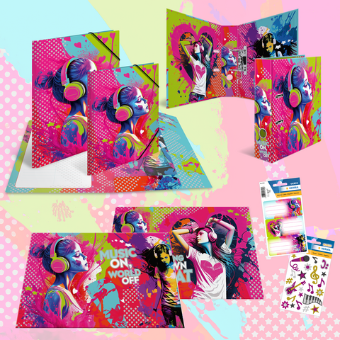 Colorful mappen en notitiebladen met muziekthema's en grafische illustraties van mensen met koptelefoons.
