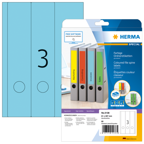 Bunte Ordneretiketten von Herma, geeignet für die Beschriftung von Aktenordnern, mit Beispielen für Marketing, Consulting und Sales.