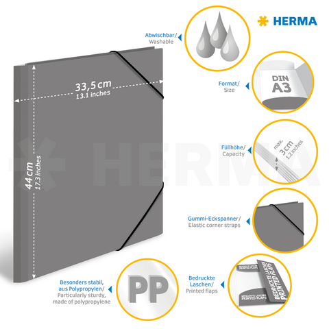Grijze A3-map met elastische hoeken, afwasbaar, van polypropyleen, stevig en met bedrukte tabs. Afmetingen: 44 cm x 33,5 cm.