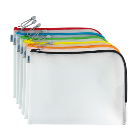 Bunte Reißverschlusstaschen in verschiedenen Farben, angeordnet von rot bis schwarz, mit transparentem Material und strukturiertem Design.