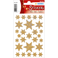 Goldene Sternaufkleber in verschiedenen Größen auf einem Bogen, ideal für Dekoration oder Bastelprojekte.