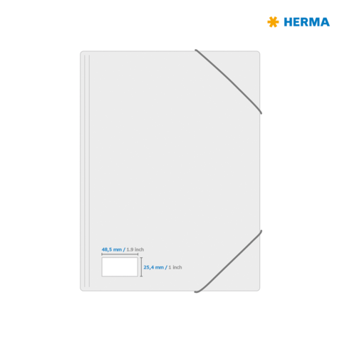 Graues Heft mit Gummibandverschluss, Maße: 48,5 mm x 25,4 mm. Logo von HERMA in der oberen rechten Ecke.