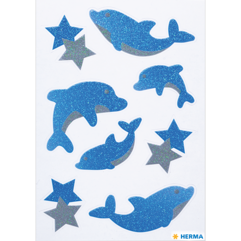 Glitzernde Aufkleber von Delfinen und Sternen in verschiedenen Blautönen auf einem weißen Hintergrund.