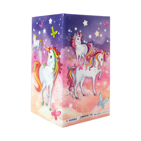 Bunte Verpackung mit Einhörnern und Schmetterlingen auf einem sternenklaren Hintergrund.