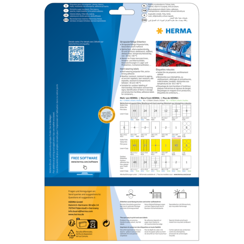 Rückseite einer Verpackung mit Produktinformationen, QR-Code und Hinweisen zur kostenlosen Software von HERMA.