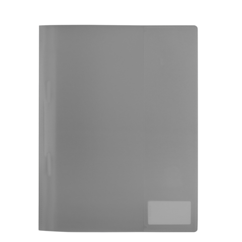 Grauer Ordner mit einer transparenten Vorderseite und einem beschriftbaren Etikett auf der unteren rechten Ecke.