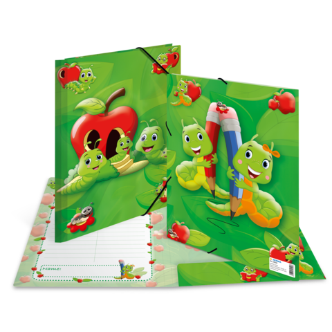 Bunte Ordner mit fröhlichen Raupenfiguren, die Stifte halten, umgeben von Äpfeln und Blättern. Ideal für Kinder.