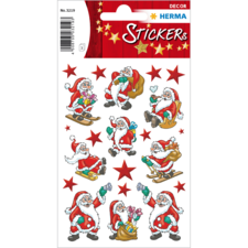 Weihnachtliche Aufkleber mit verschiedenen Santa Claus Motiven, darunter Santa auf einem Schlitten, mit Geschenken und in verschiedenen Posen, umgeben von roten Sternen.