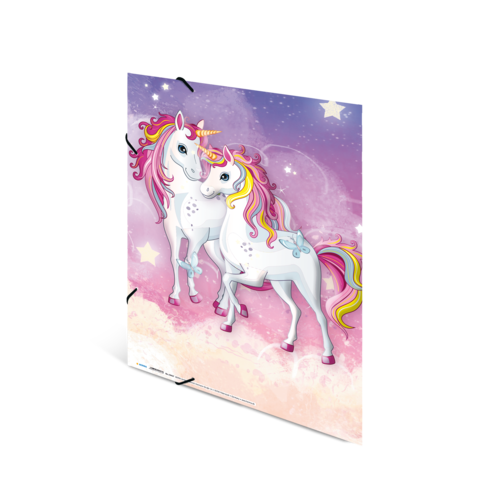 Zwei bunte Einhörner stehen vor einem lila-rosa Hintergrund mit Sternen. Eines hat eine goldene Mähne, das andere trägt eine Schleife.