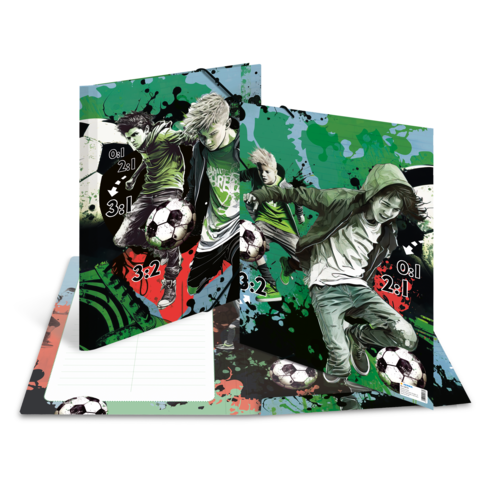 Zwei Fußballspieler in dynamischen Posen, umgeben von bunten Grafiken und Zahlen, die Tore darstellen.