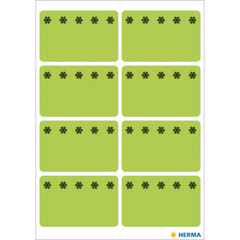 Grüne Etiketten mit schwarzen Blumenmotiven, angeordnet in einem Raster von acht Feldern.