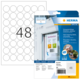 Runde, ablösbare Etiketten auf einem Bogen mit der Nummer 48, verpackt in einer transparenten Hülle von HERMA.