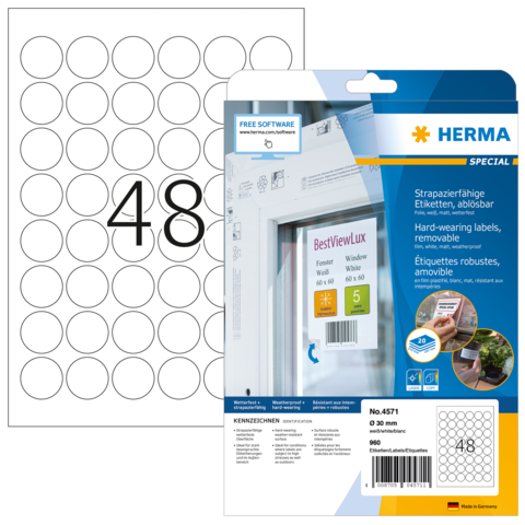 Runde, ablösbare Etiketten auf einem Bogen mit der Nummer 48, verpackt in einer transparenten Hülle von HERMA.