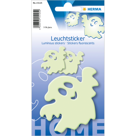 Leuchtende Aufkleber in verschiedenen Formen, die im Dunkeln leuchten. Verpackung zeigt drei verschiedene Designs.