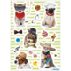 Katze en honden in verschillende grappige outfits en accessoires, waaronder zonnebrillen, hoeden en sjaals, op een gestreepte achtergrond.