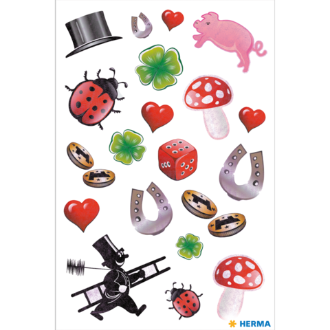 Bunte Aufkleber mit einem Schwein, Marienkäfer, Pilzen, Herzen, Hufeisen, Würfeln und einem Flieger in einem kreativen Design.