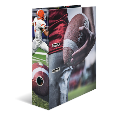 Ein Ordner mit einem Football-Design, das einen Spieler in Aktion und einen Football in der Hand zeigt.