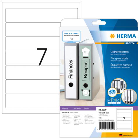 Ordneretiketten von Herma, Packung mit 175 Etiketten, geeignet für Beschriftungen von Aktenordnern, inklusive Softwarehinweis.