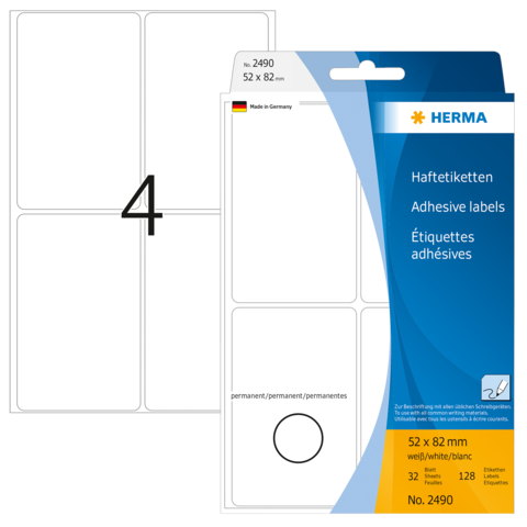 Haftetiketten von HERMA, 52 x 82 mm, 32 Stück, permanent, auf der Verpackung sind die Maße und die Anzahl der Etiketten angegeben.