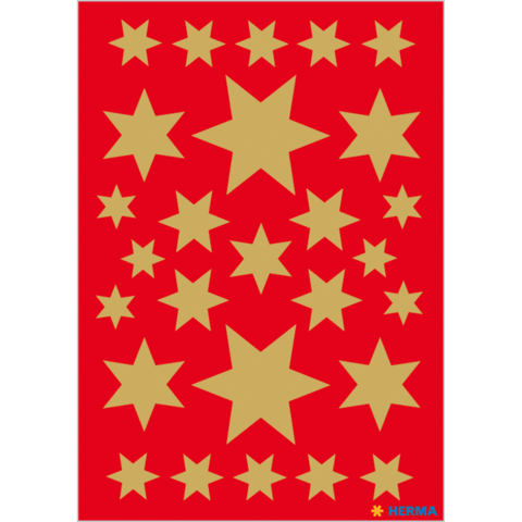 Goldene Sterne auf rotem Hintergrund in verschiedenen Größen und Anordnungen.