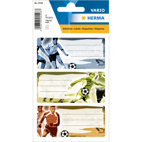 Etiketten mit Fußballmotiven in verschiedenen Farben und Platz für Beschriftungen. Verpackung enthält mehrere Etiketten.