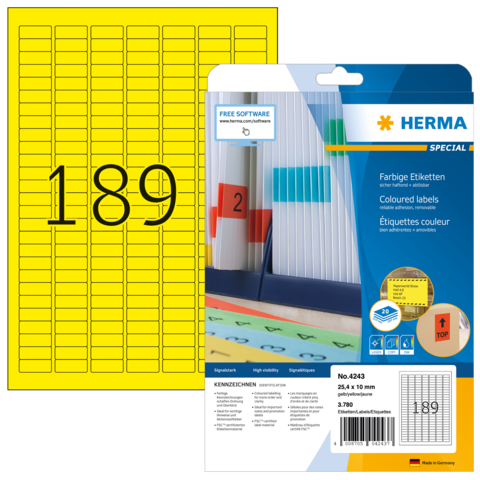 Gelbe Etikettenblätter mit der Nummer 189, verpackt in einer transparenten Hülle, mit Informationen zu farbigen Etiketten und Software.