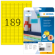 Gelbe Etikettenblätter mit der Nummer 189, verpackt in einer transparenten Hülle, mit Informationen zu farbigen Etiketten und Software.