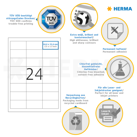 Etiketten mit der Größe 64 x 33 mm, permanent haftend, geeignet für Laser- und Inkjetdrucker, aus recyceltem Karton.